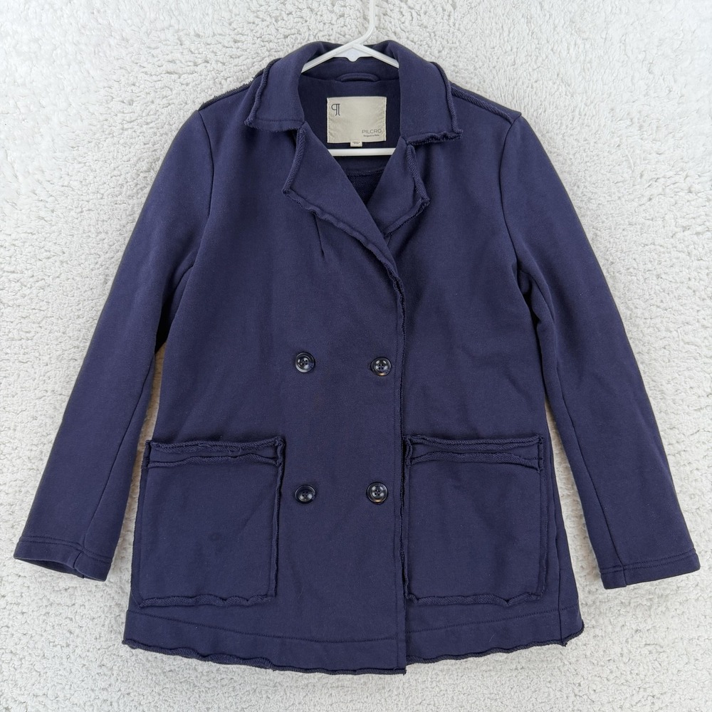Pilcro Womens XXS Blue French Terry Pea Coat Blazer Button Front Unlined Pockets